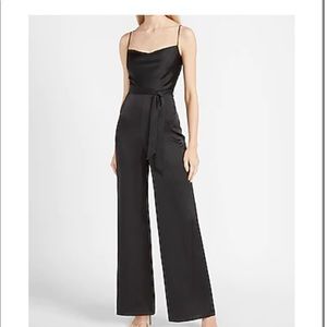 Satin belted cowl neck wide leg jumpsuit
